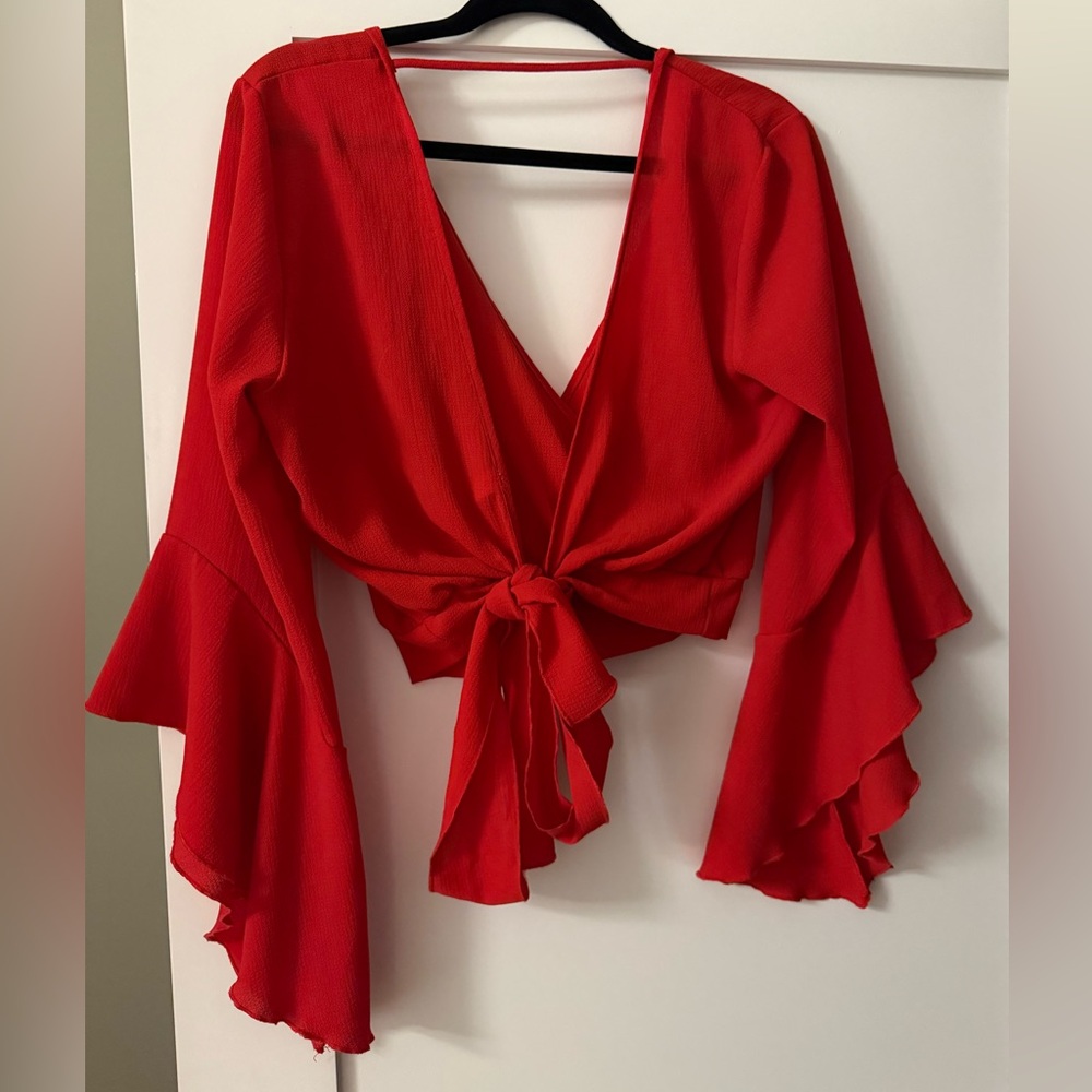 mendocino | cherry red open-back wrap blouse - Picture 3 of 3